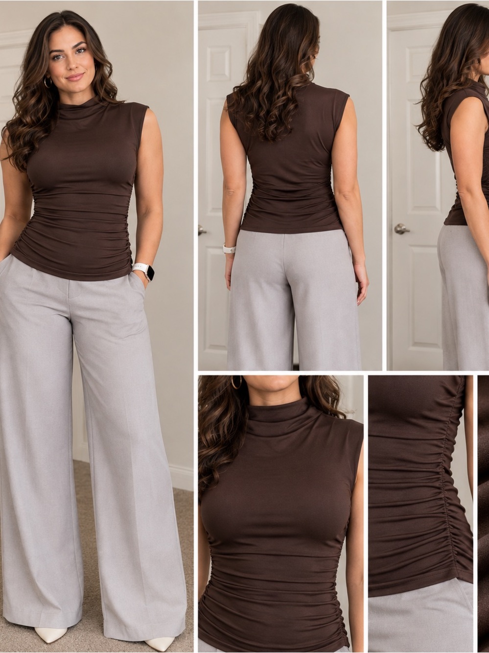 LOFT Versa Brown Sleeveless Ruched Mock-Neck Tank Top